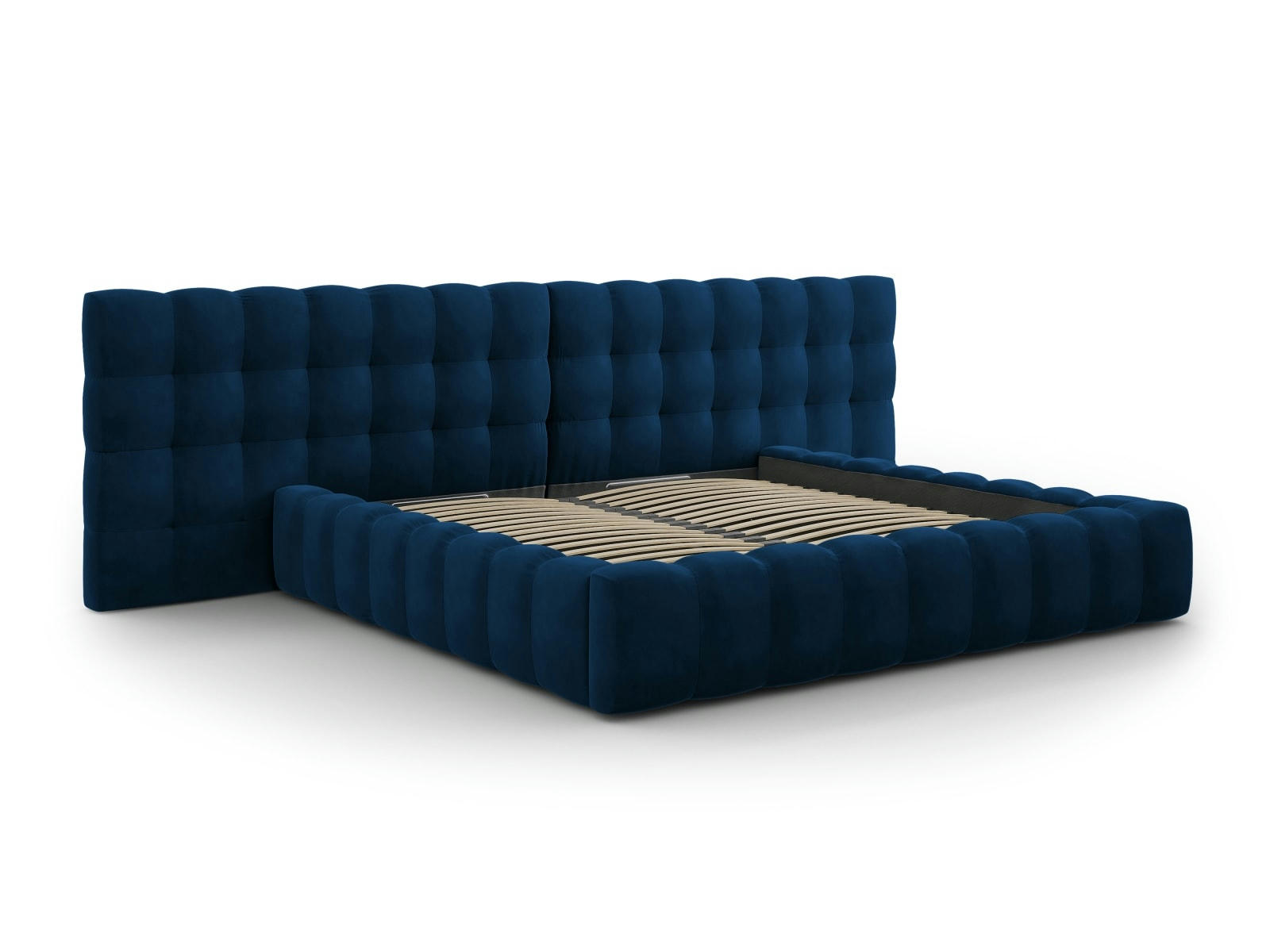 MAMAIA - Lit coffre en avec tête de lit double 200x200cm velours bleu roi