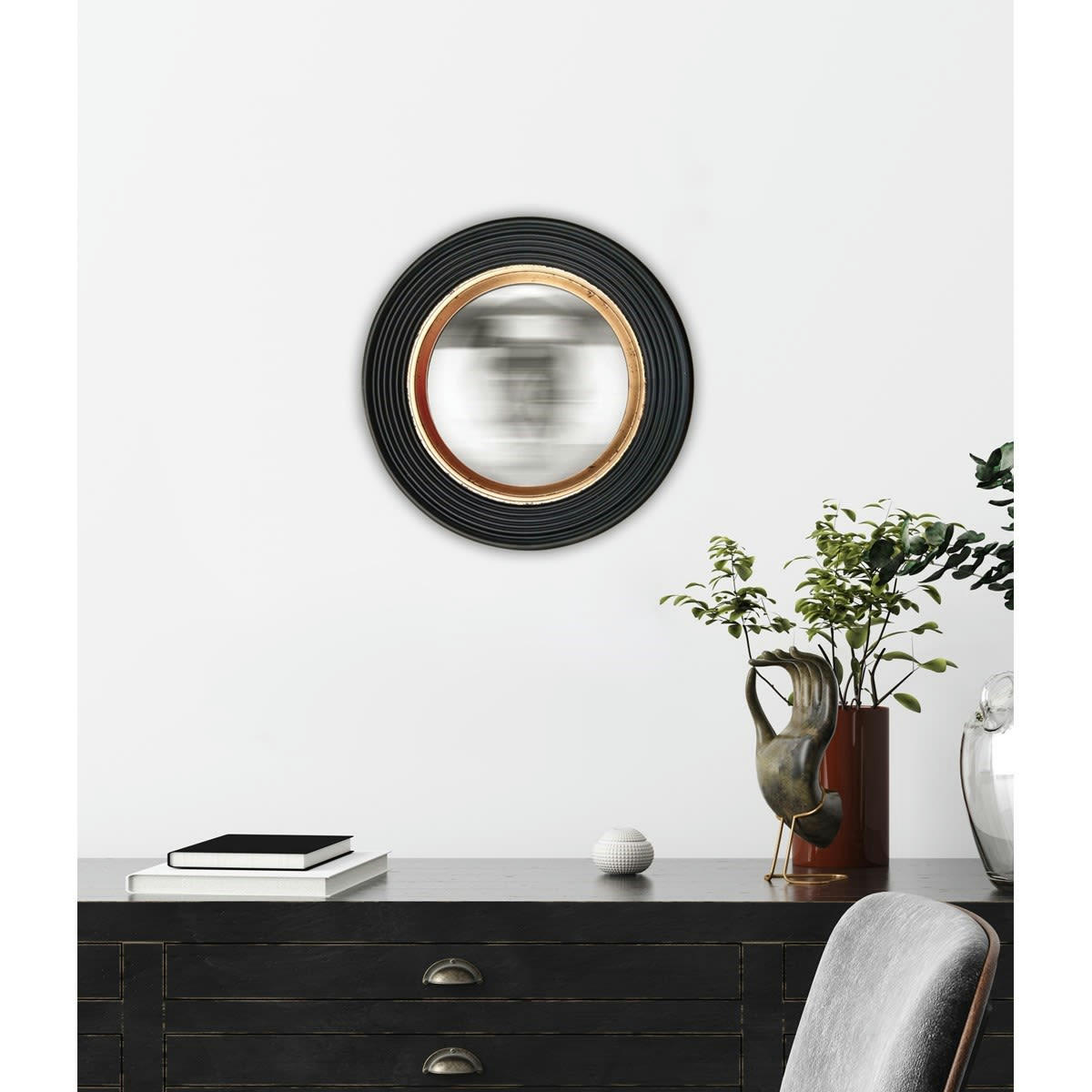 - Miroir rond convexe noir et doré 38,5cm