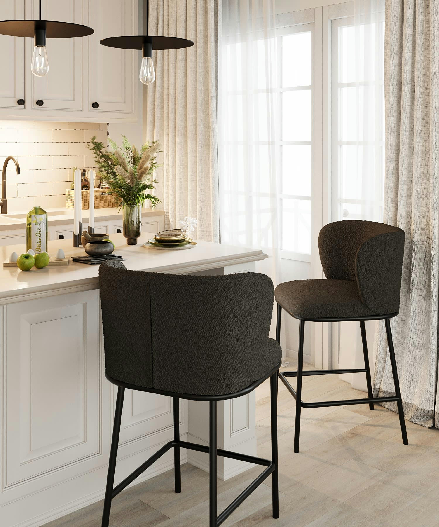 CÉSAR - Lot de 2 tabourets de bar tissu bouclé gris foncé