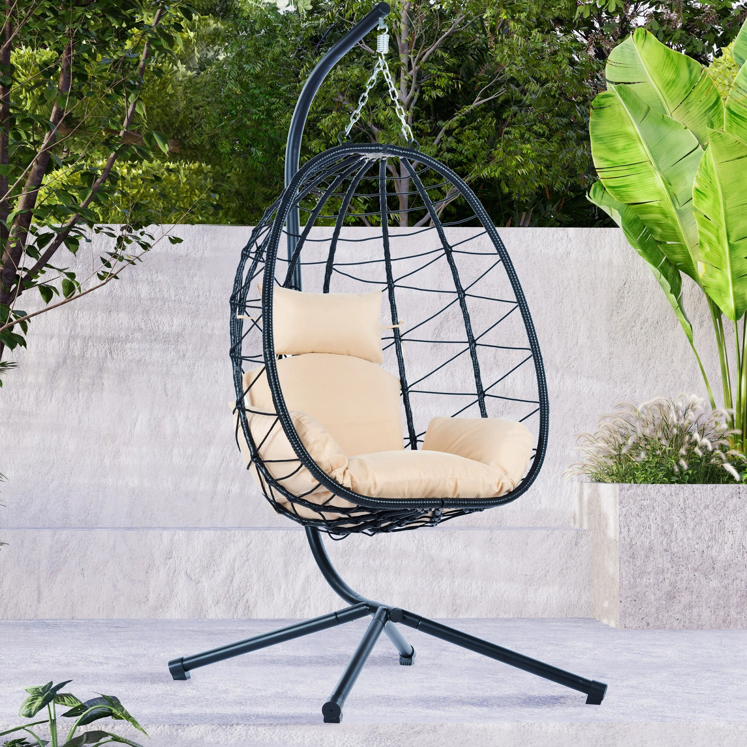 Rattan Hanging Chair with Stand & Cushion