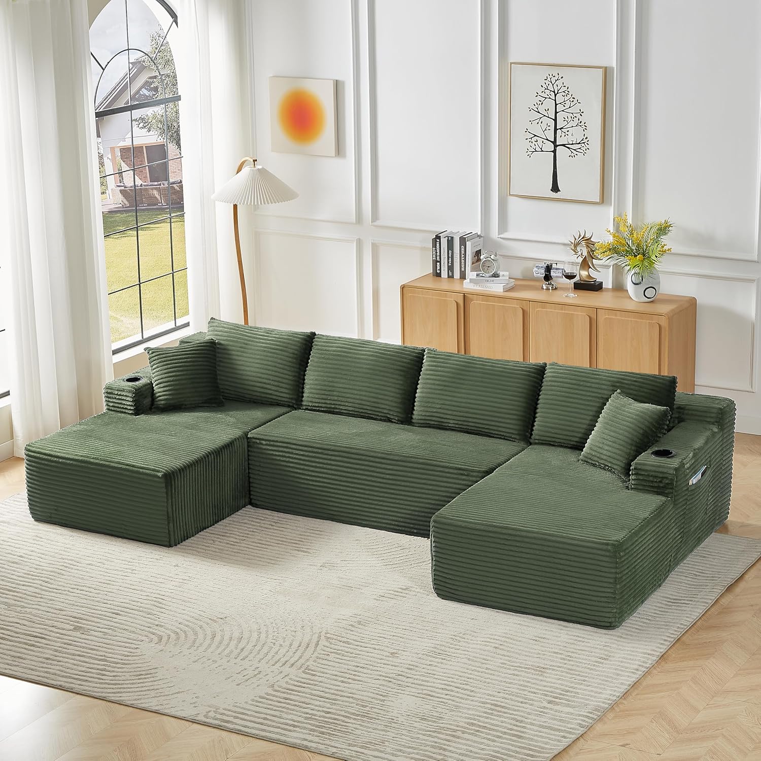 134 U Shaped Boneless Couch with Chaise, Oversized Modular Sectional Sofa with Cupholders & Storage Corduroy Cloud Couches for Living Room, Free Combination, No Assembly Required, Green