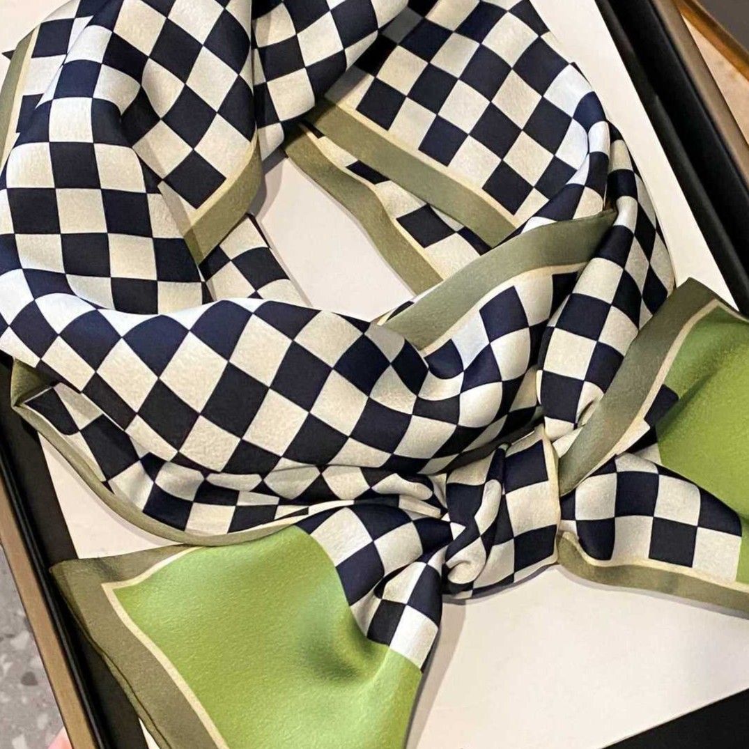 PEACH ACCESSORIES Sage Green Checkered Satin Feel Neck Scarf
