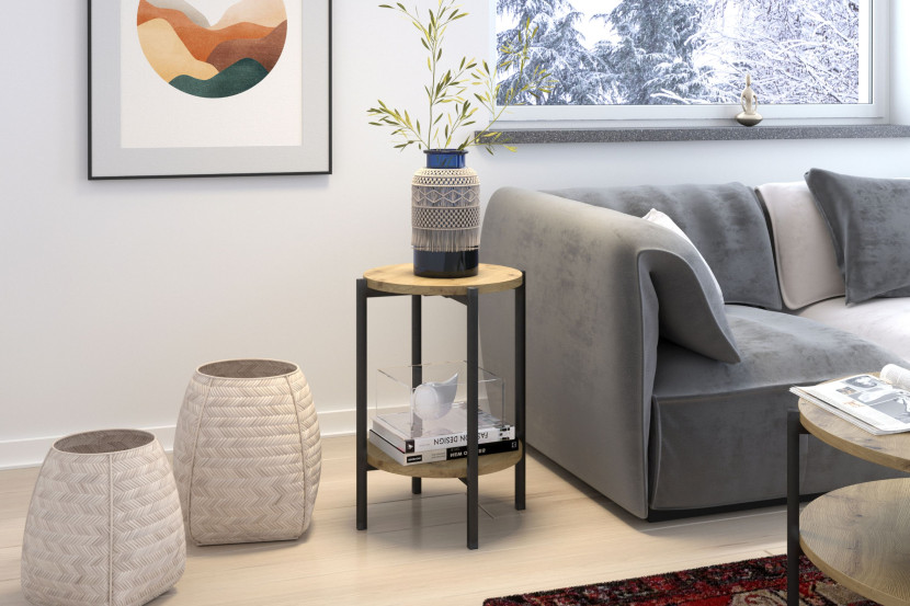KONSIMO GERIS Wysoki industrialny stolik z półką, loft, dąb artisan