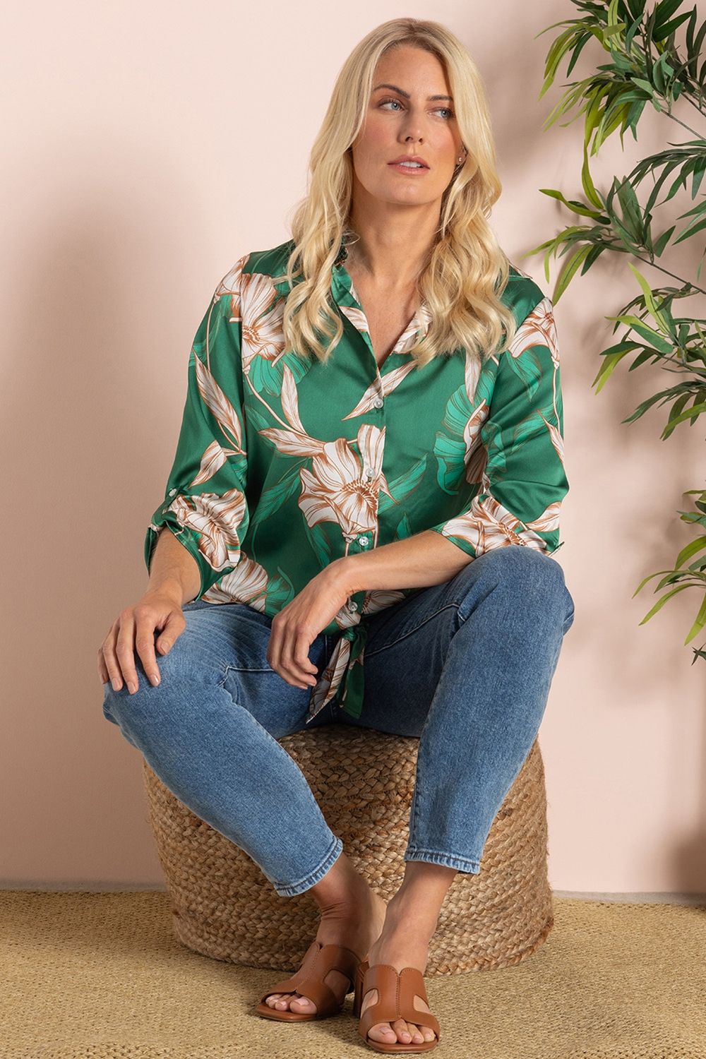 Klass. Tie Front Floral Silk Effect Shirt
