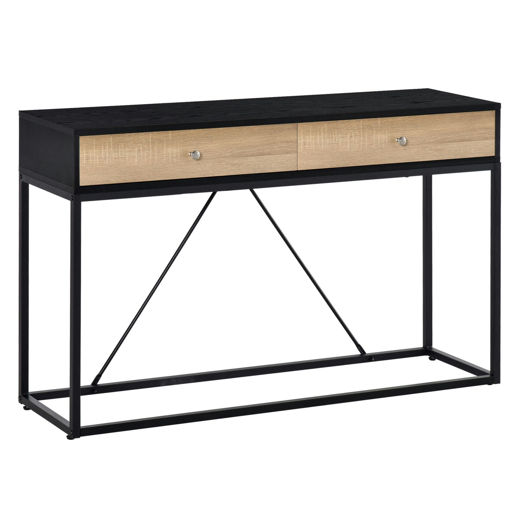 - Console design 2 tiroirs métal aspect bois chêne clair et noir