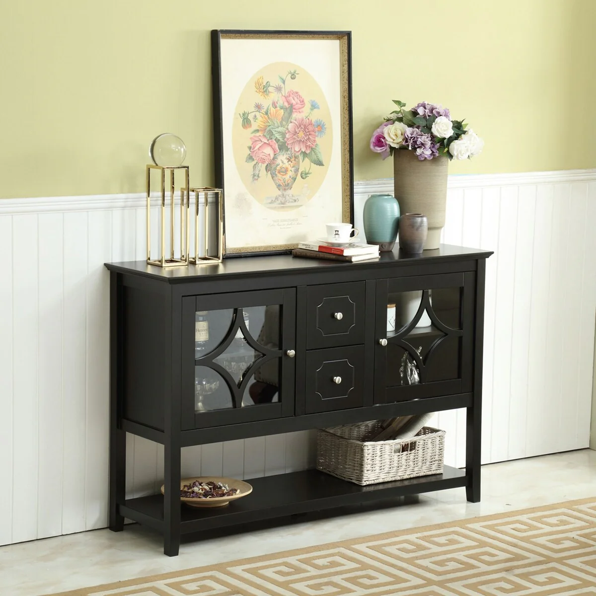 Black 2 Drawers Sideboard Buffet Console Table with shelf
