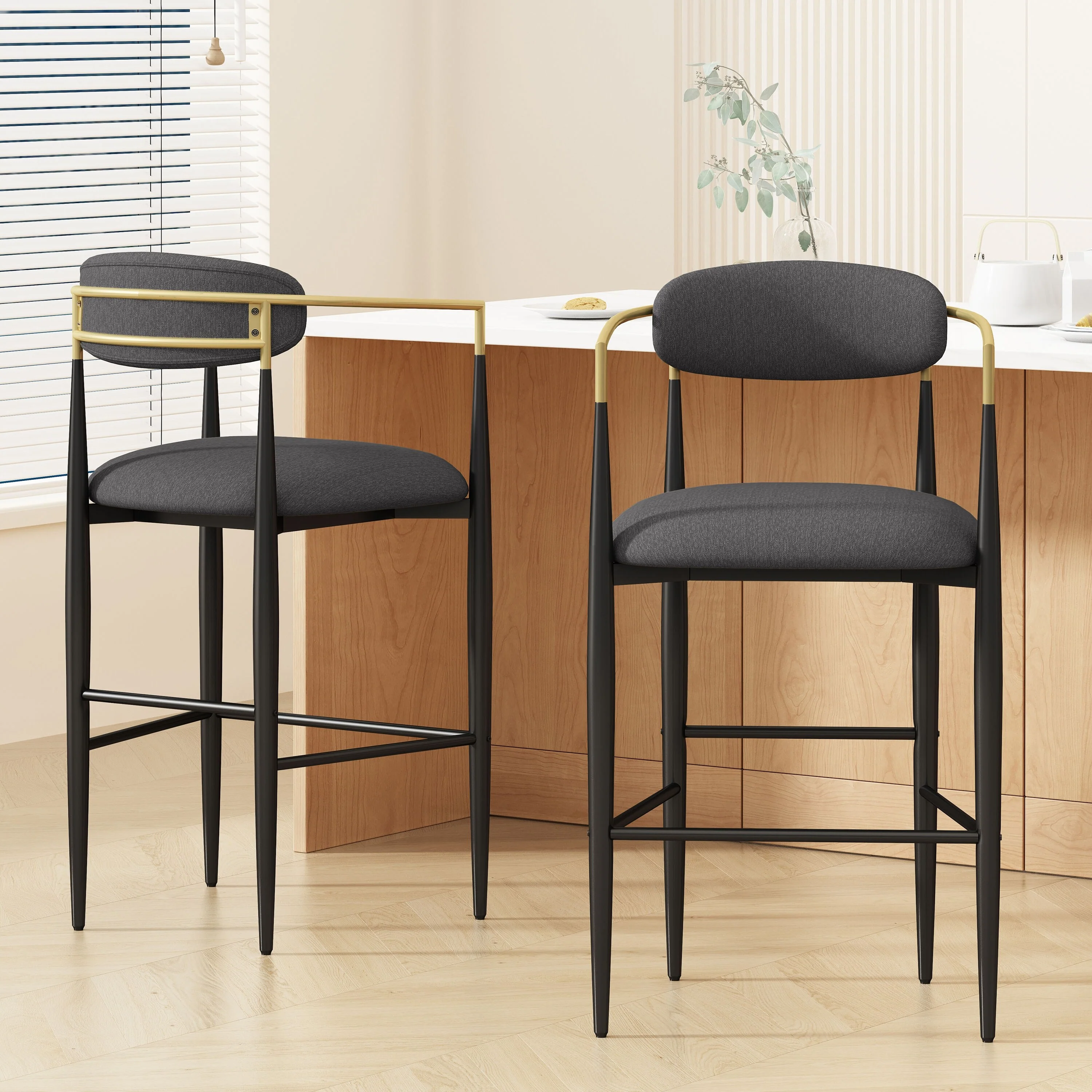 Roomfitters Upholstered Barstool Set of 2, Counter Height Seating with Backs and Iron Legs