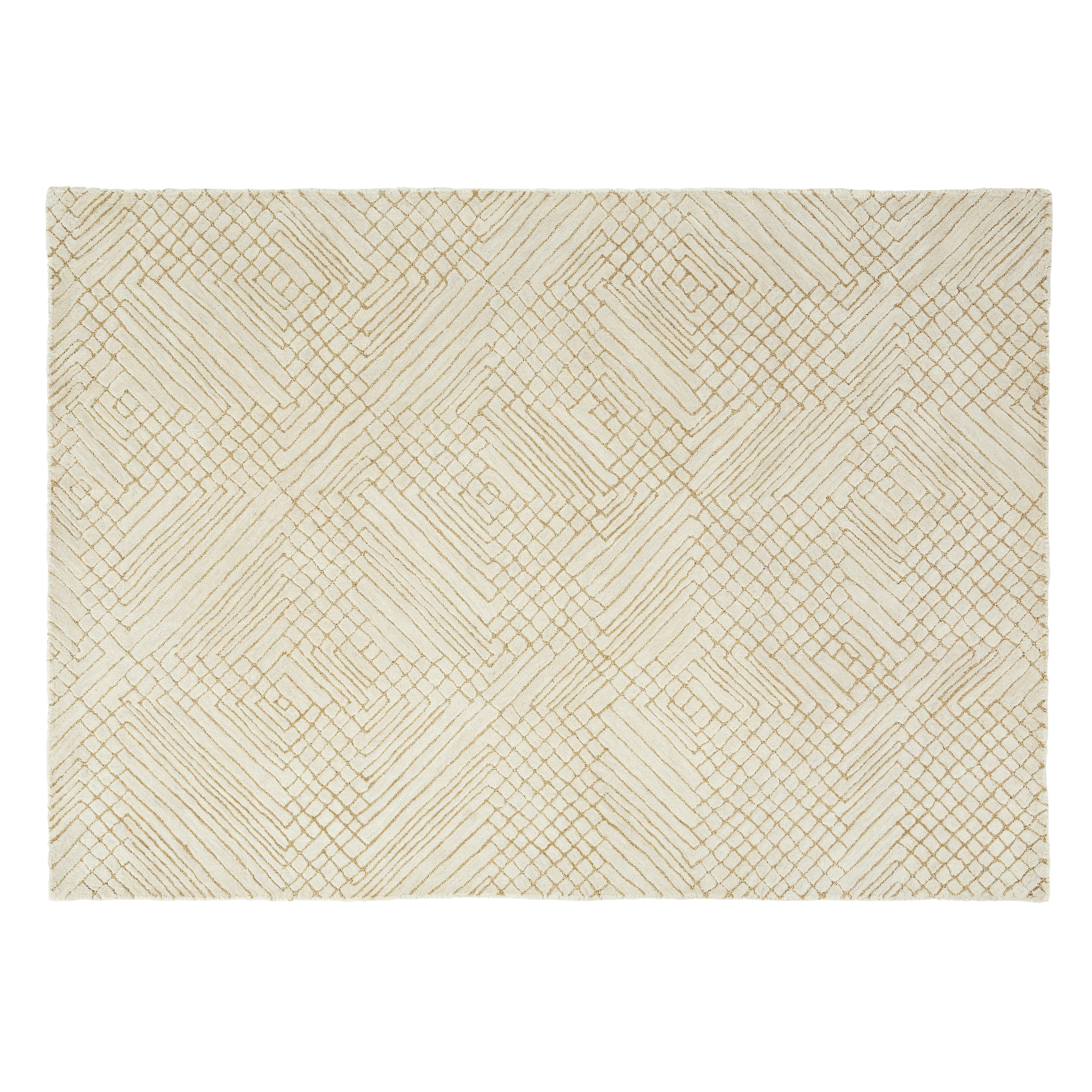 - Tapis en laine ciselée beige à motifs géométriques, 140x200