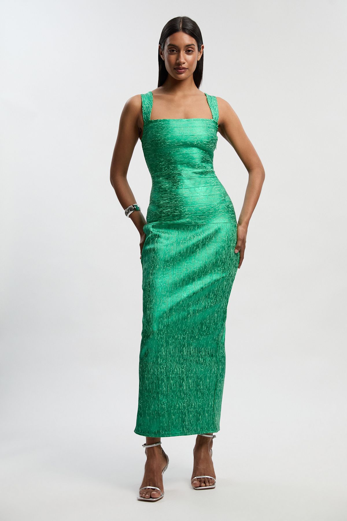 KarenMillen Foil Metallic Figure Form Bandage Strappy Knit Maxi Dress