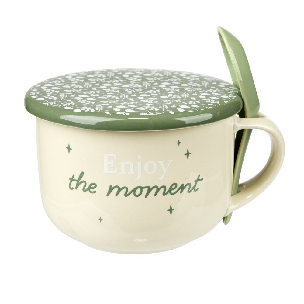 Jumbo bol à soupe 620ml avec cuillère Enjoy the moment vert et beige