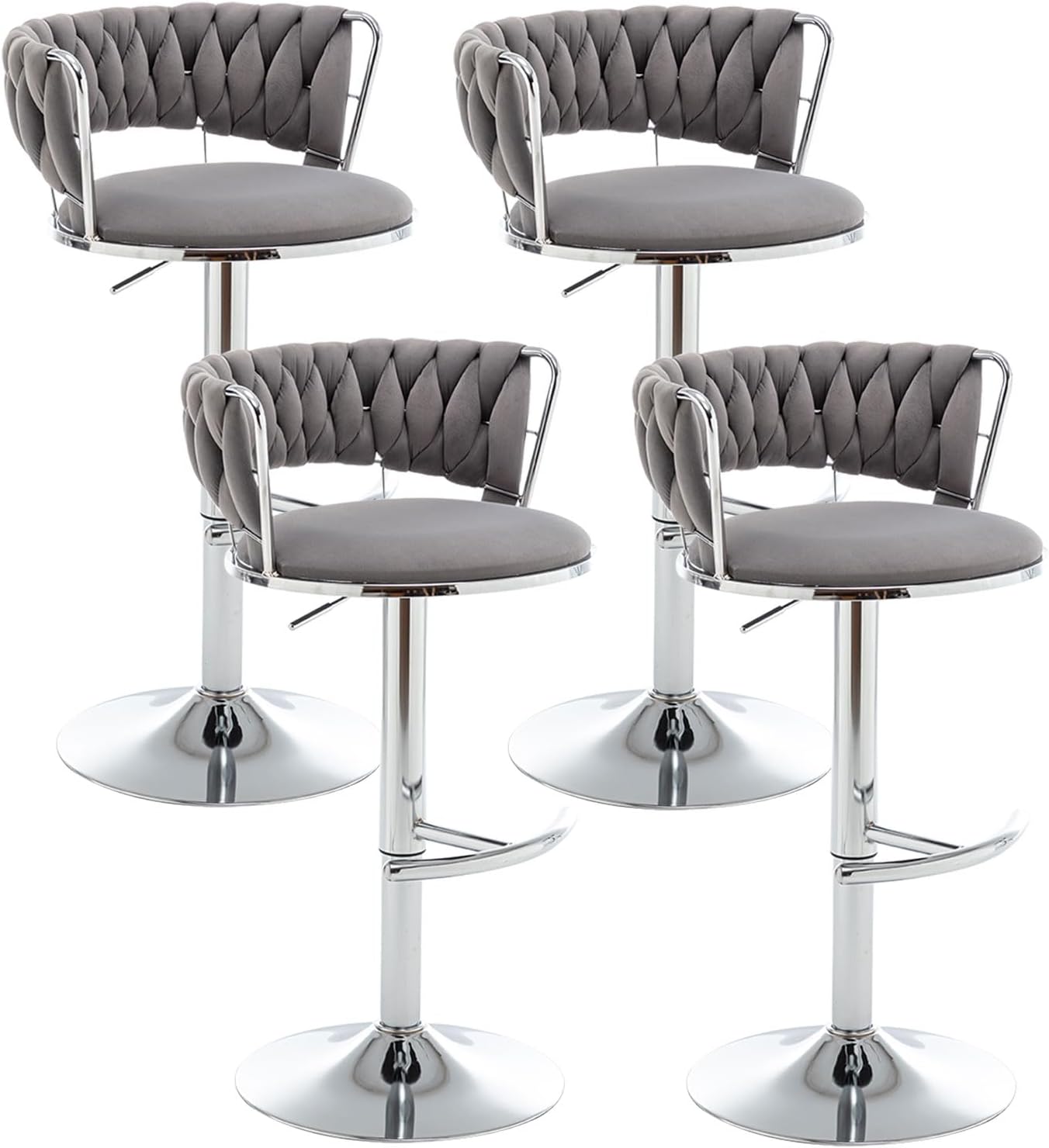Velvet Bar Stools Set of 4, Counter Height Bar Stools with Low Back, Modern Adjustable Barstools, 360° Swivel Bar Chairs for Kitchen Island (Grey)