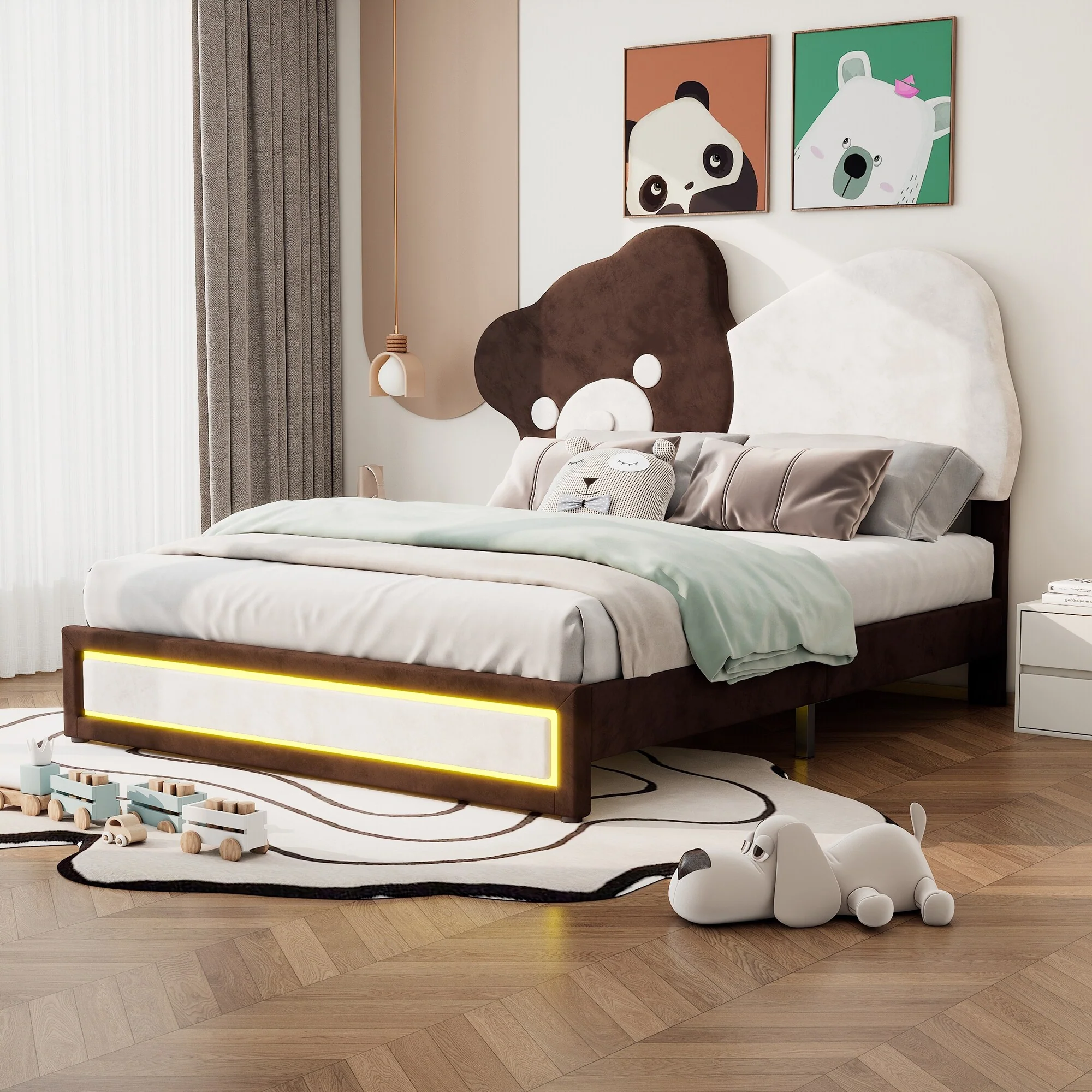 Full Size Upholstered Platform Bed with Adjustable Bear Headboard, Integrated LED Night Lights, Solid Wood Construction