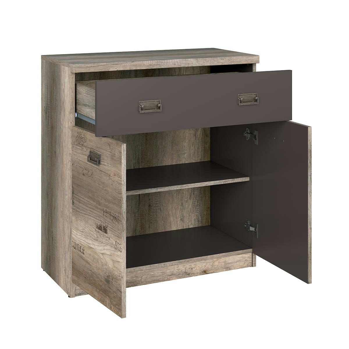 - Commode 1 tiroir 2 portes stratifiés naturel et gris