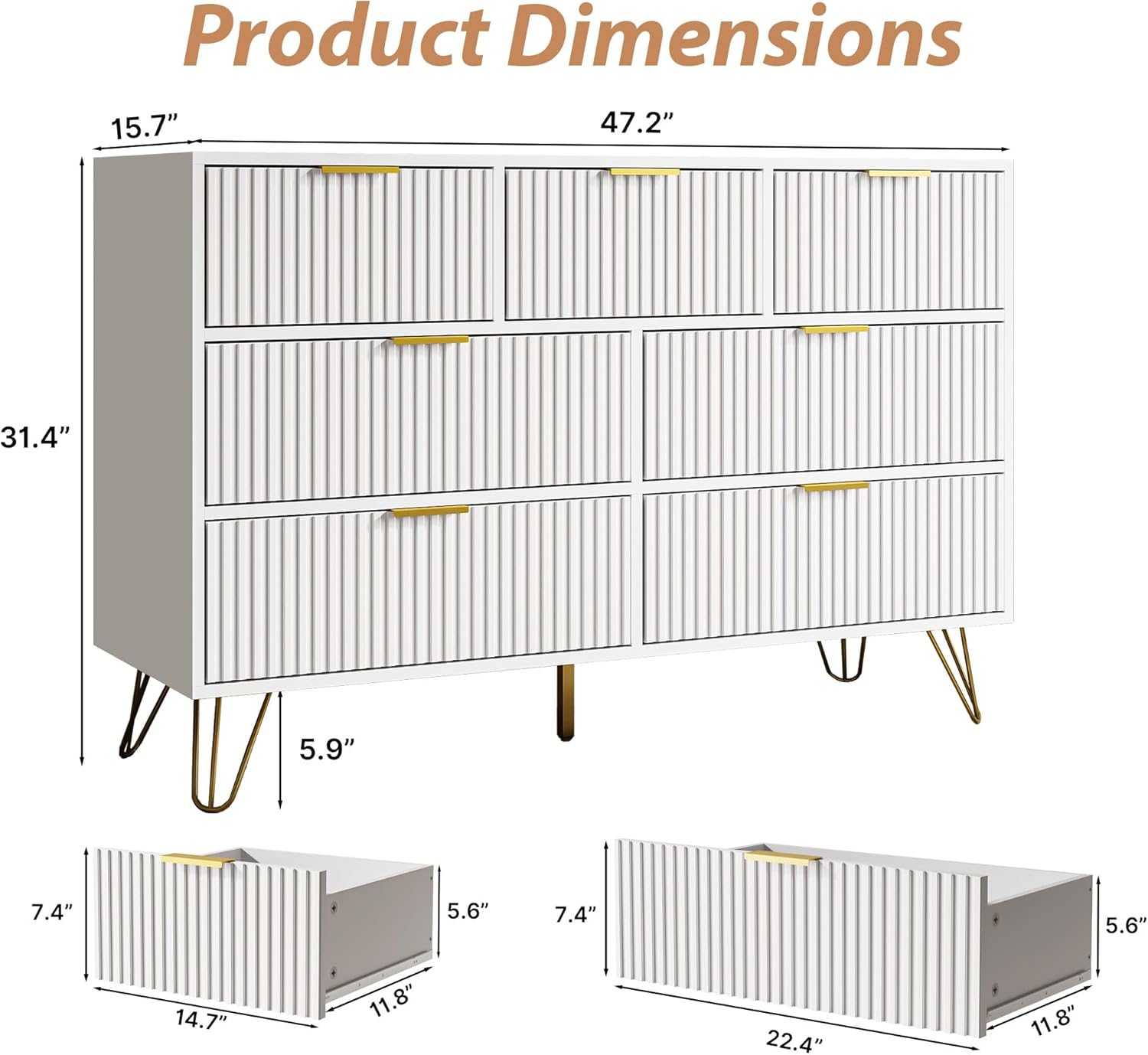 White Dresser for Bedroom, 7 Drawer Dresser with Gold Pulls, Wide Chest of Drawers for Bedroom, Entryway, 47.2 L x 15.7 D x 31.4 H