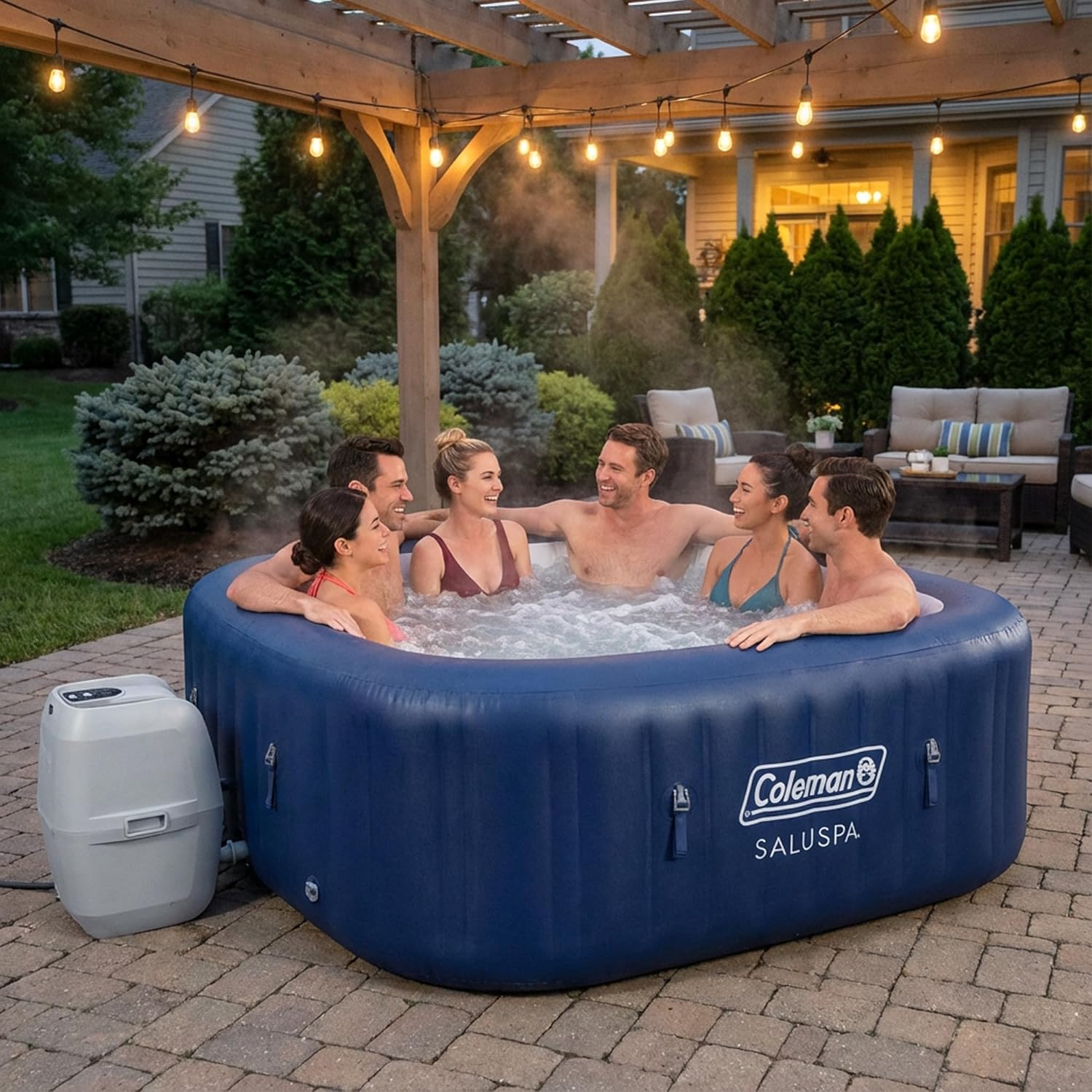 Coleman SaluSpa Atlantis AirJet Inflatable Hot Tub  4 to 6 Person Square Portable Outdoor Spa with 140 Air Jets  App Control and EnergySense Insulated Cover  71 x 28