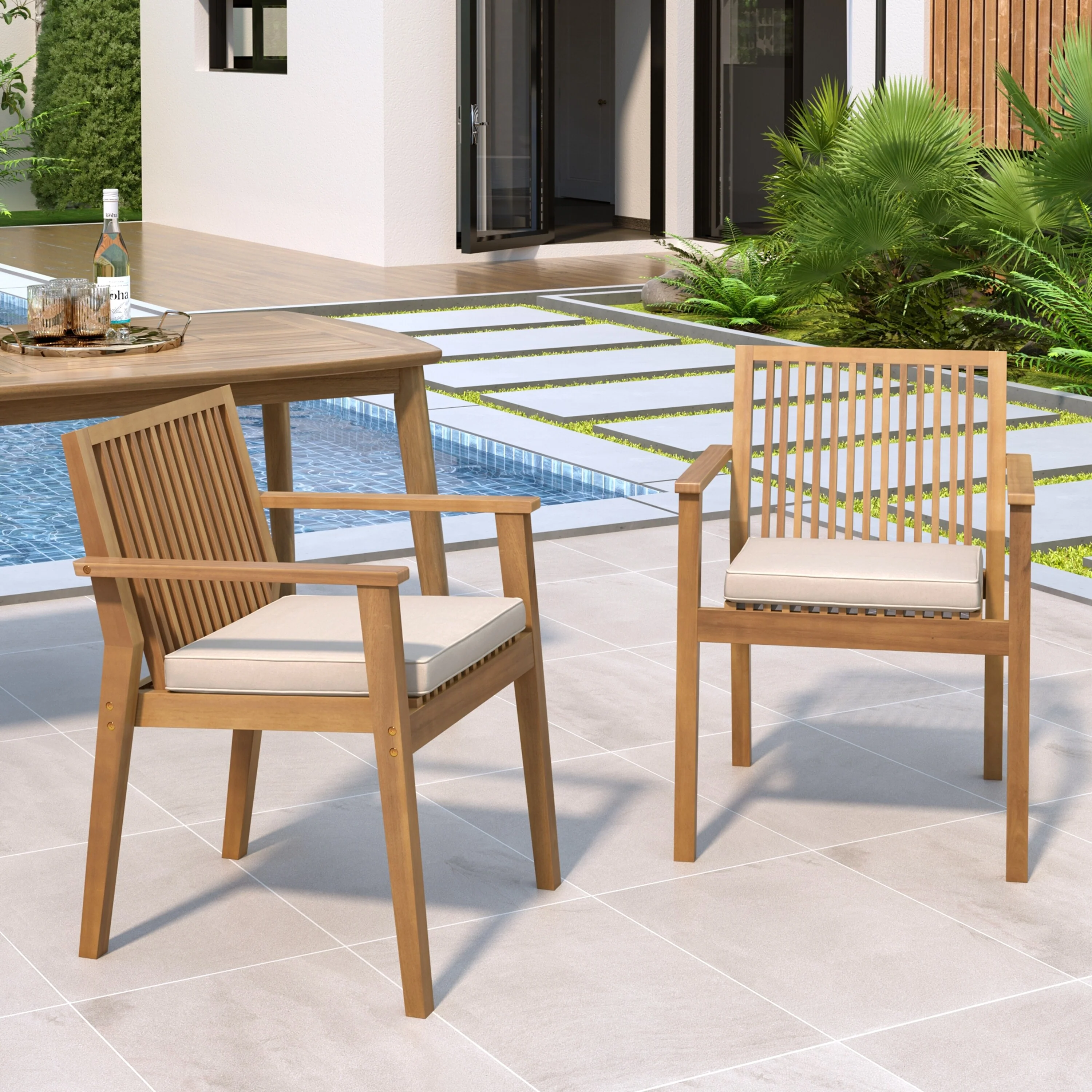 Patio Dining Chair Set of 2 - Sturdy Acacia Wood, Comfortable Waterproof Seating, 400 lbs Capacity