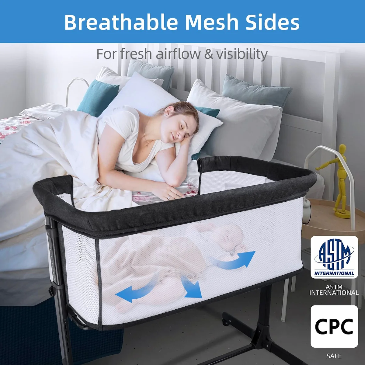 Baby Bassinets Bedside Sleeper, Bedside Bassinet for Baby, Lightweight Portable Bedside Crib with Airflow Mesh