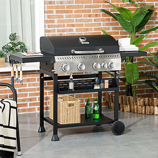 Barbecue à gaz 4 1 - 12,5 kW - 2 roues, étagères, thermomètre, décapsuleur, crochets - acier inox noir