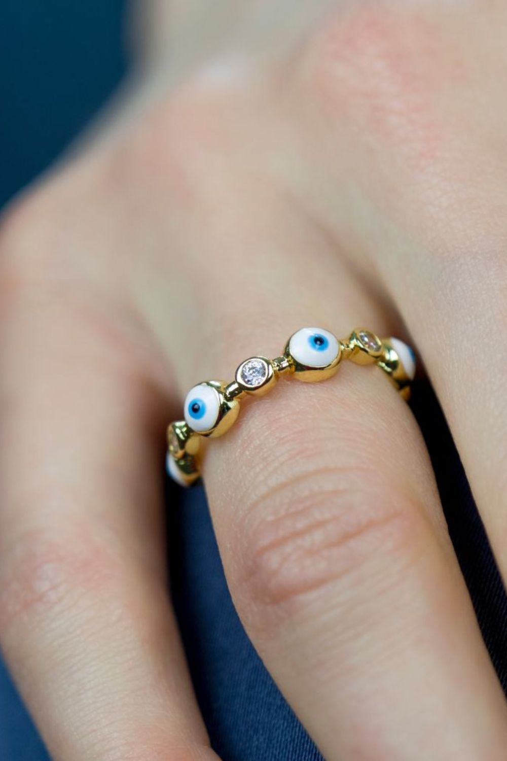 The Colourful Aura Adjustable Blue White Evil Eye Protection Slim Stacking Ring