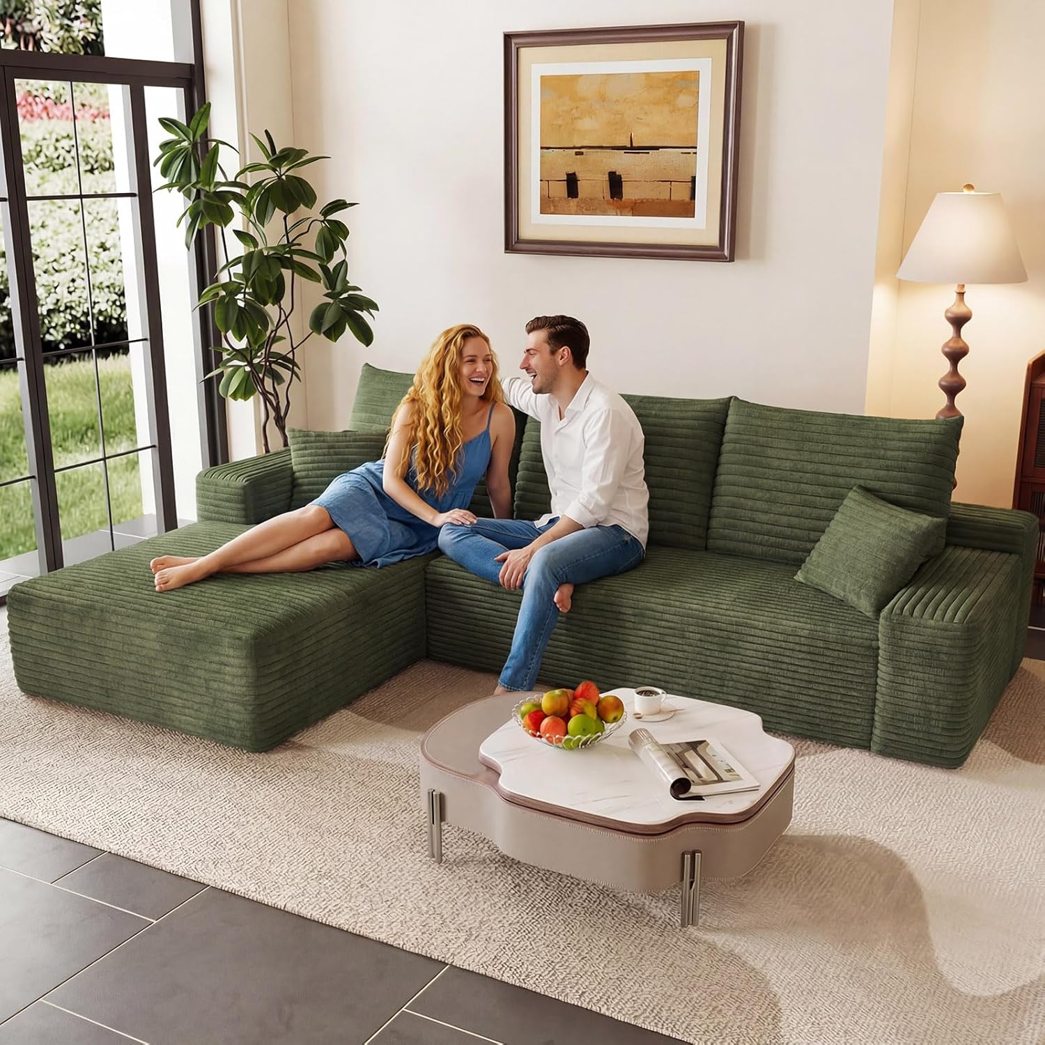 95 Modular Sectional Couch, Boneless L Shaped Cloud Sofa with Chaise Lounge, Corduroy Upholstered Couches Memory Foam Deep Seat, No Assembly Required, Ideal for Living Room(Green, Left Facing)