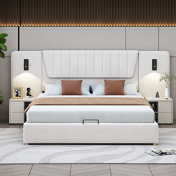 Lit Coffre 180x200 cm - avec Lampe de Lecture Réglable et Port USB Intégré, Sans Matelas, en Velours Beige