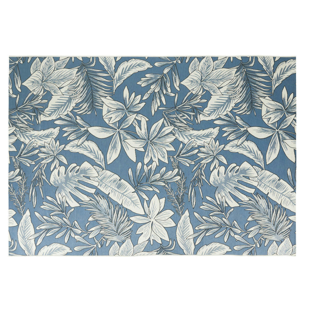SANARY - Tapis tissé jacquard imprimé végétal bleu et blanc 160x230