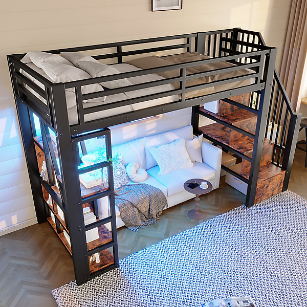 Lit Mezzanine 90x200 cm - Lit Ado Simple avec Escalier Intégré, LED et Rangement Sous le Lit - MDF et Métal - sans Matelas - Noir