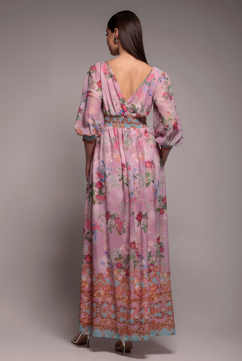 Goddiva Chiffon Wrap Border Floral Print Maxi Dress