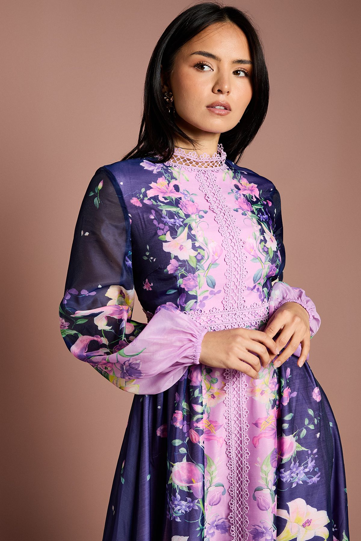 Coast Petite Place Print Organza Lace Trim Midi Dress