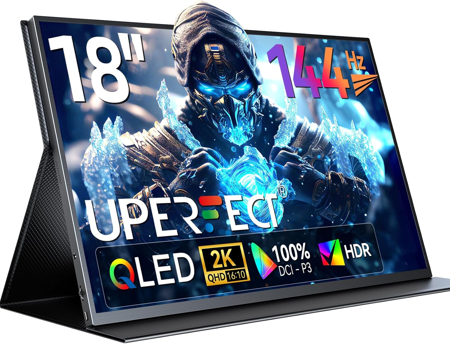 UPERFECT 18 QLED Portable Monitor  2K 2560×1600  144Hz Gaming Display  500 Nits Brightness  FreeSync HDR  100% DCI-P3  Ultra-Slim USB-C/HDMI Monitor for Laptop MacBook Phone Game Console  VESA Mount