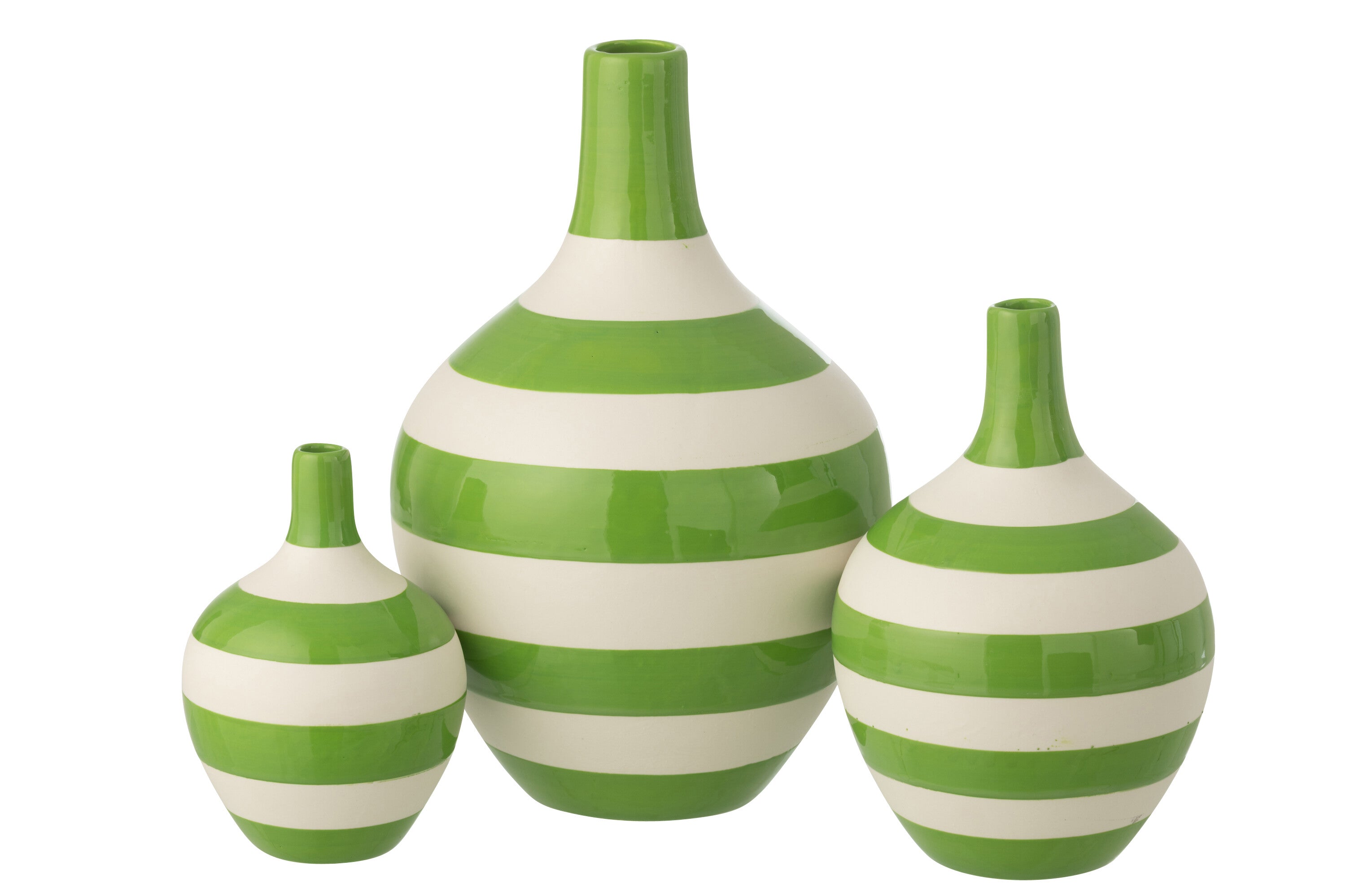J-Line vaas Gestreept - porselein - wit/groen - set van 3