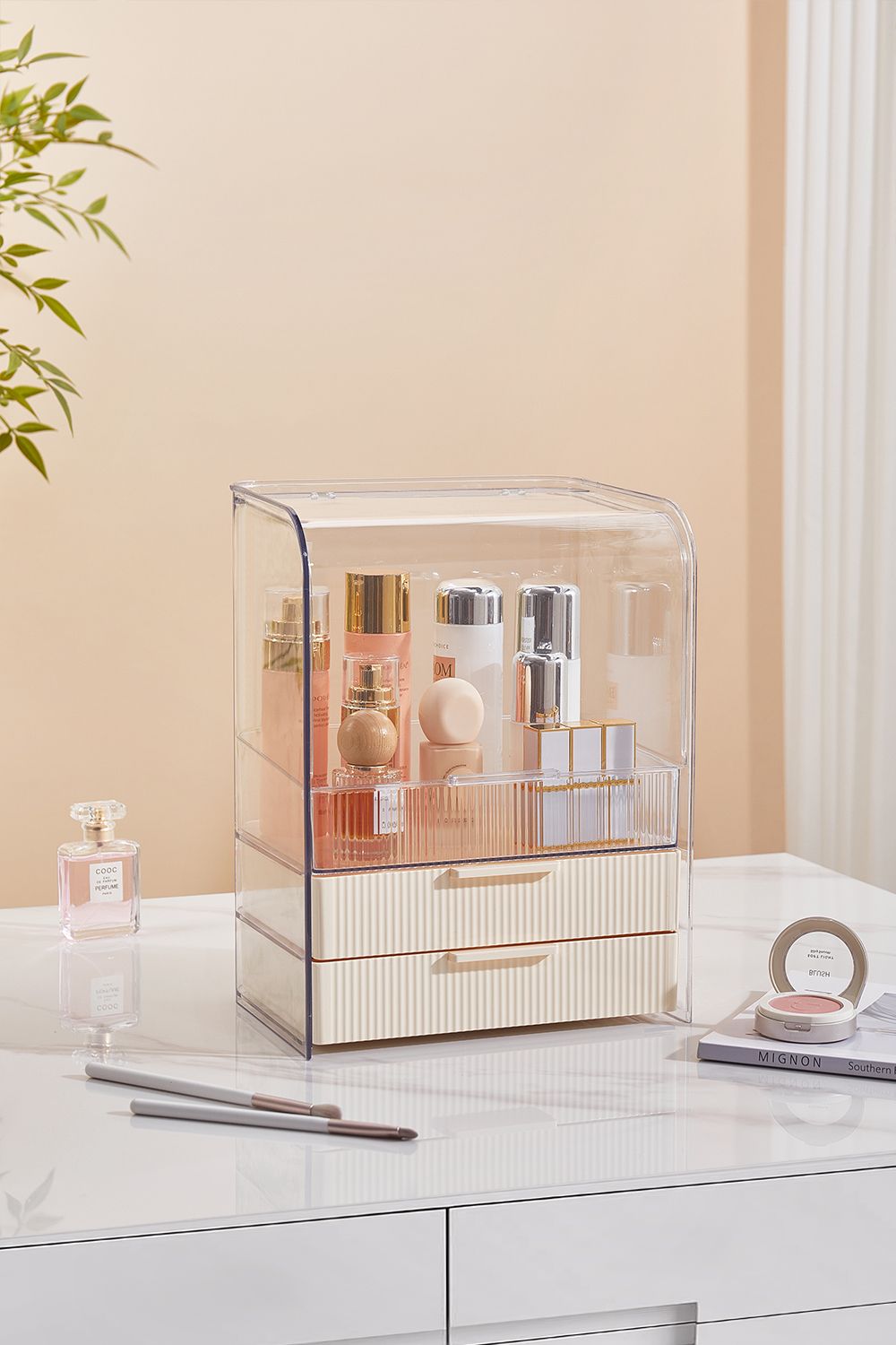 SHEONLY 3-Tier Transparent Cosmetics Storage Organizer with 2 Drawers