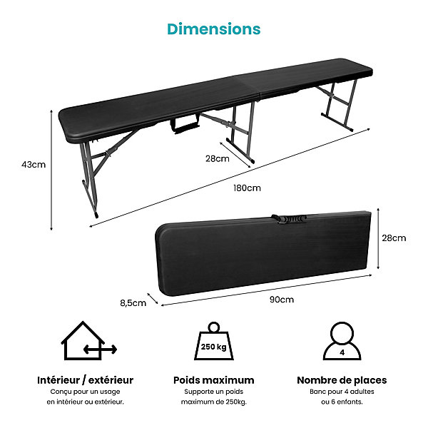 Lot de 2 Bancs Noirs Pliables L180 x l28 x h43
