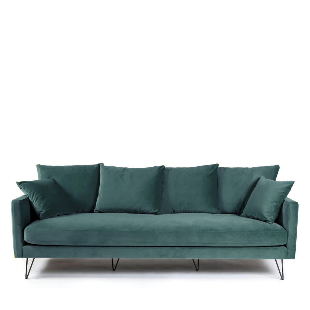 VILLABON - Canapé 4 places en velours pieds épingles noirs vert eucalyptus