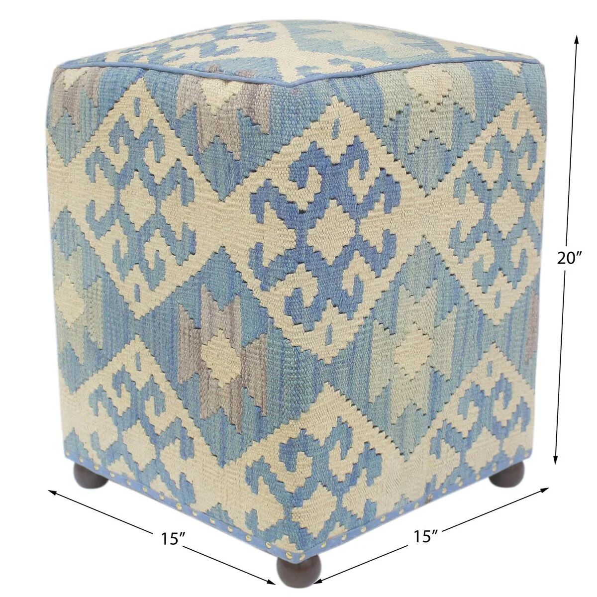 Southwestern Gates Blue/Beige Handmade Kilim Upholstered Ottoman