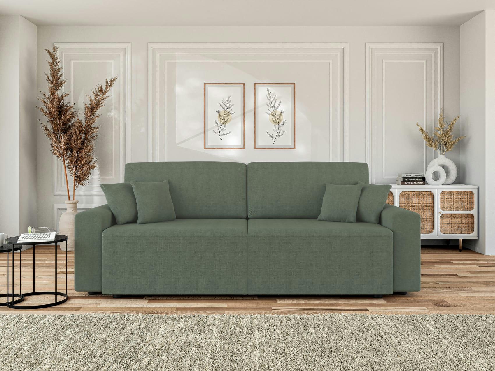 MILO - Canapé droit convertible en tissu 3 places vert