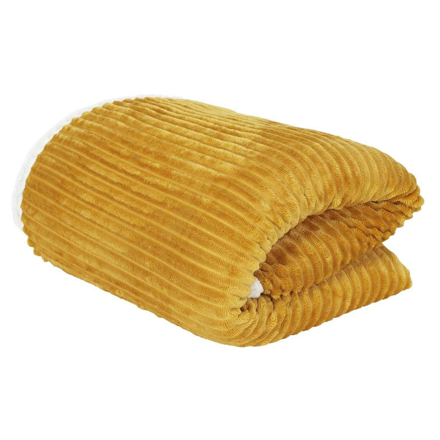 - Plaid flanelle côtelé 180x220cm jaune moutarde