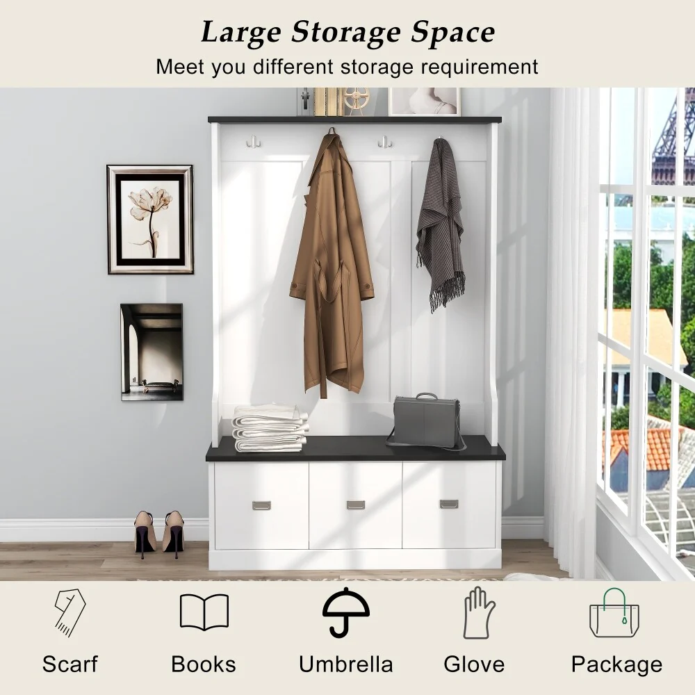 3-in-1 Design White Two-tone Hall Tree with 4 Hooks and 3 Large Drawers - 45.8”W x 16.3”D x 72.1”H.