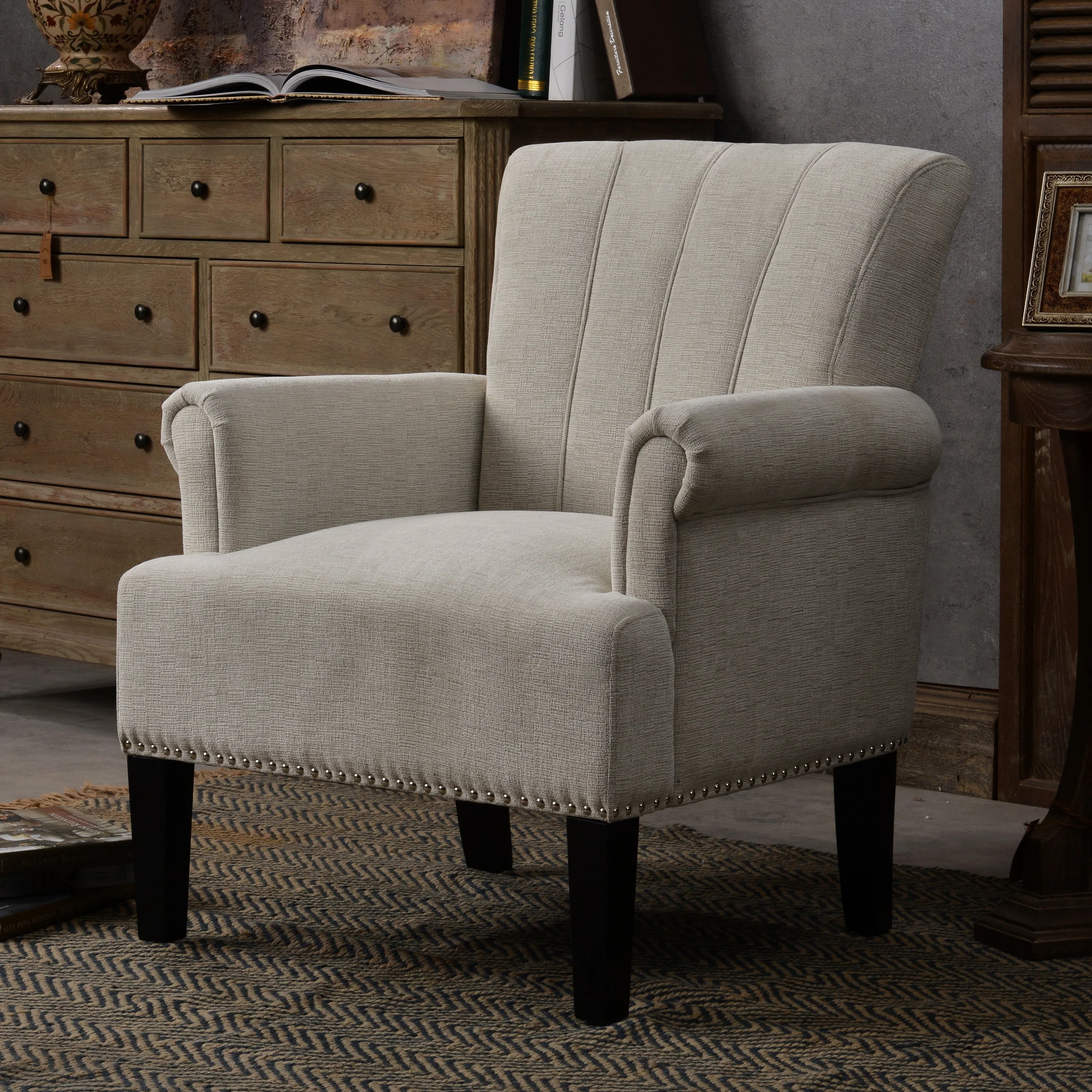 Tufted Cream Upholstered Armchair with Rivet Accents - 29.00 x 24.00 x 34.50