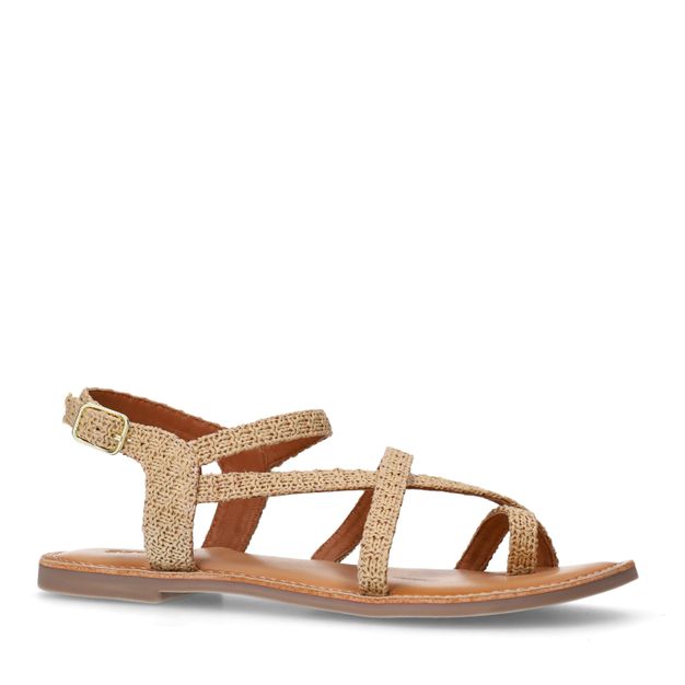 Beige raffia sandalen met gekruiste bandjes