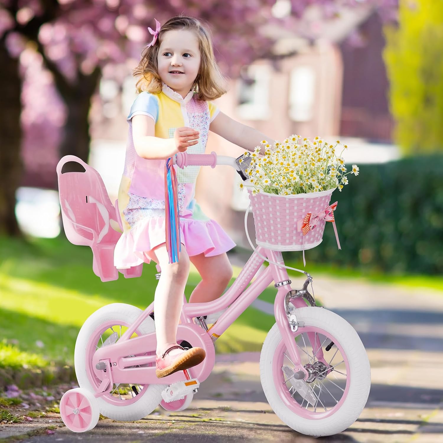 Glaf Toddler Girls Bike for Age 2-9 Years Old 12 14 16 Inch Girls Bike with Training Wheels and Doll Seat Kids Bike Bicycle with Basket Adjustable Seat