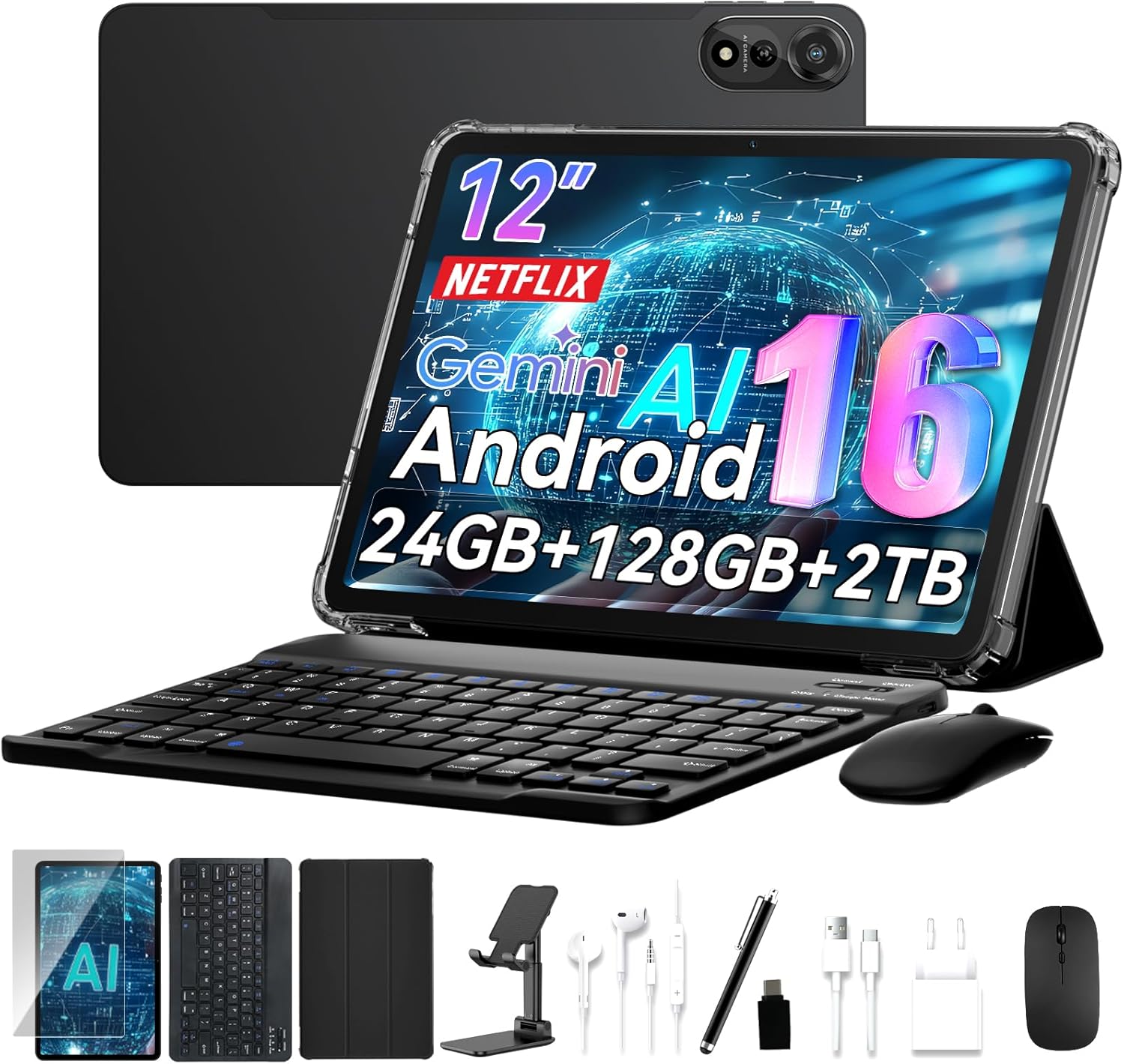 N90 Android 16 Tablet  12 inch Tablet 2K FHD+  Android Tablet with Keyboard  5G WiFi  24GB+128GB/2TB  Face ID  9000 mAh  4 Years Warranty  Widevine L1  OTG  1217-BOX  Case&Pen