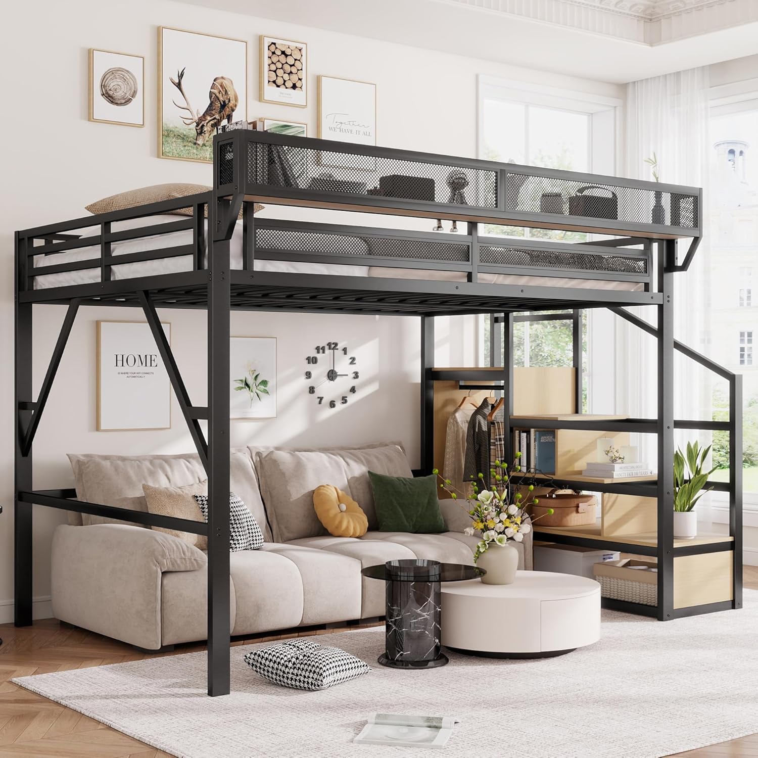 Full Size Loft Bed with Stairs and Storage, Metal Loft Bed Frame with Bedside Shelf and Large Under-Bed Space, Heavy-Duty Bed for Adults Teens and Kids, Convertible Staircase, Black