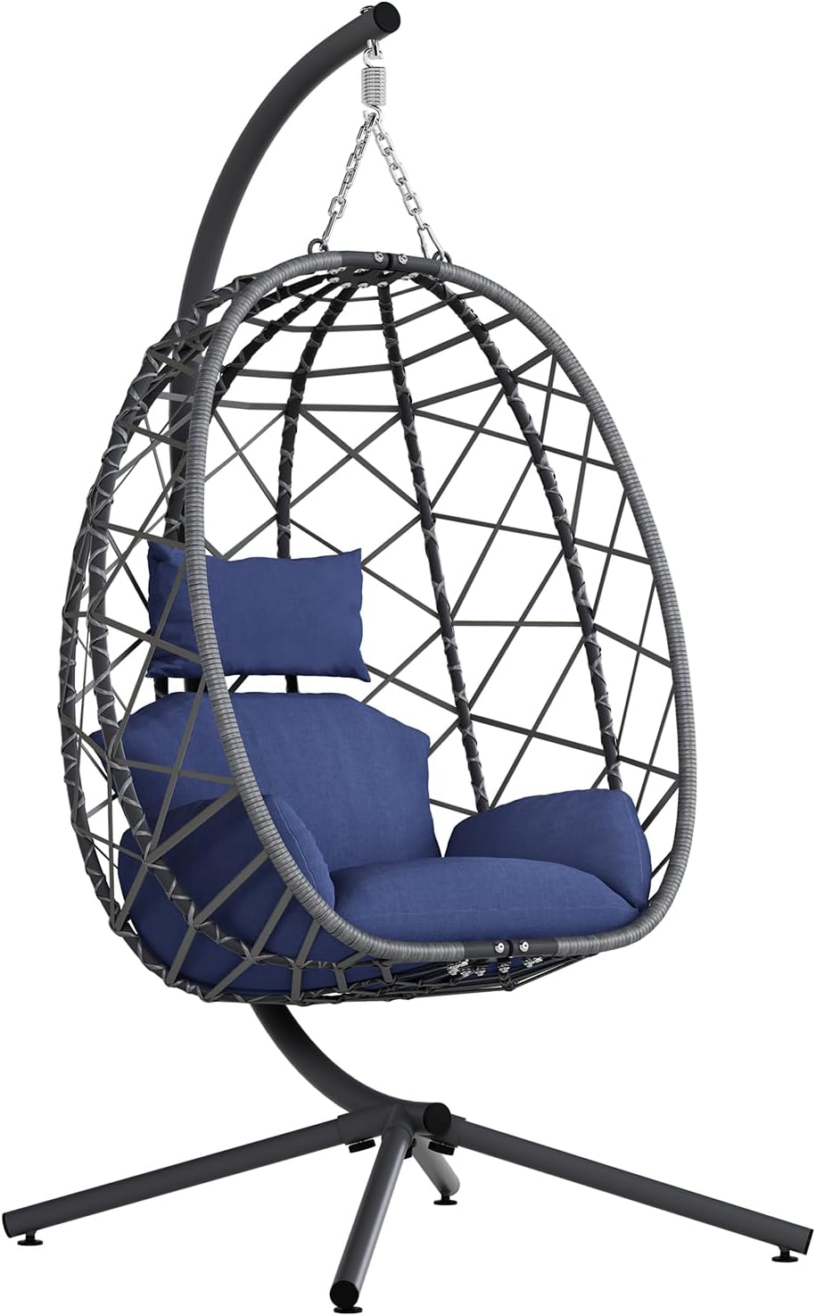 SWITTE Hanging Egg Chair with Stand, Outdoor Indoor Rattan Wicker Egg Swing Chair with Cushion, Heavy Duty Patio Hammock Chairs for Garden Backyard Balcony Bedroom, 400LBS Capacity, Dark Blue