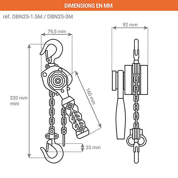 Palan manuel ultra compact - Capacité 250kg - Longueur chaîne 1.5m - DBN25-1.5M