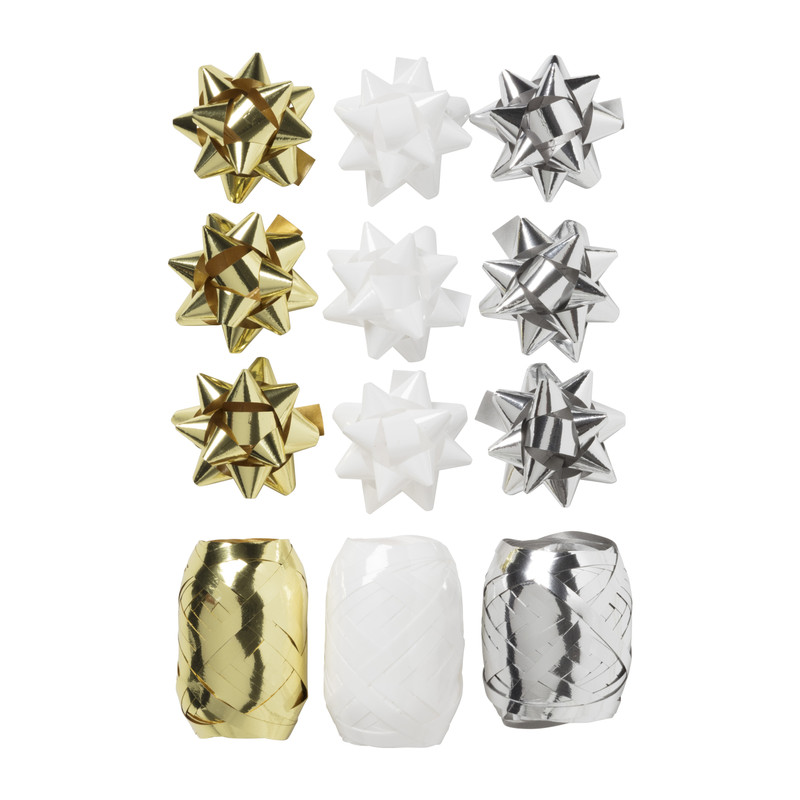 Cadeaulinten en strikken mix - goud/zilver/wit - set van 12