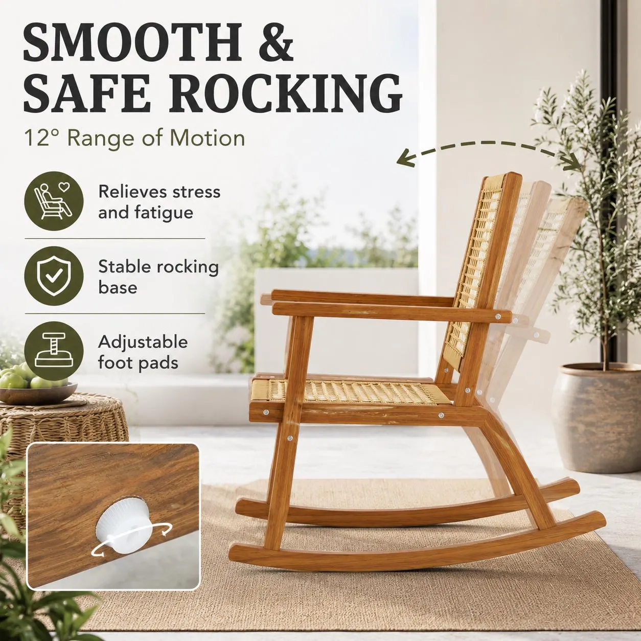 Acacia Wood Rocking Chair Set, Khaki Wicker Seat, Outdoor Patio Furniture