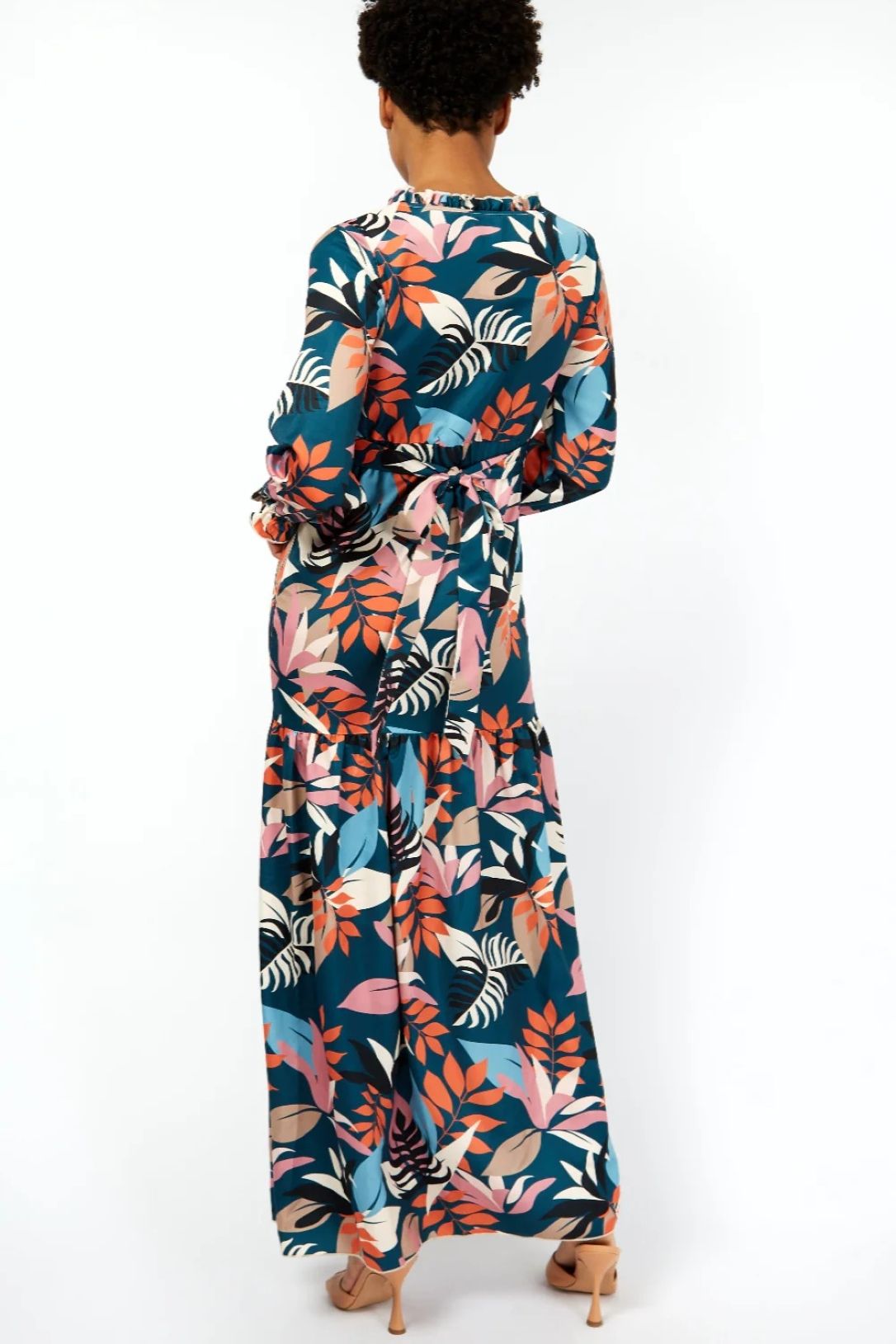 Little Mistress Barcelona Leaf Print Satin Frill Maxi Dress