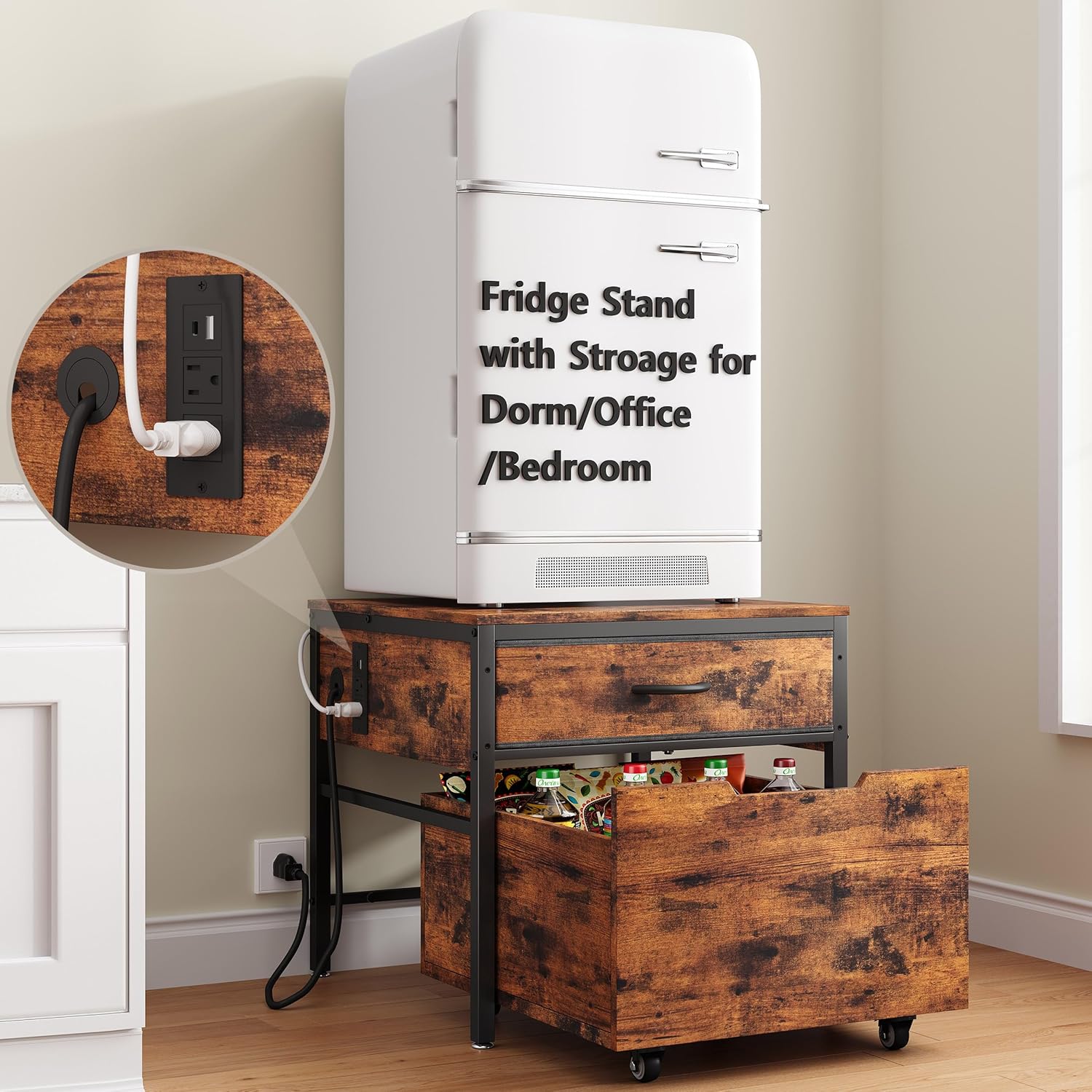 Mini Fridge Stand Cabinet Table Station With Storage Drawers For Dorm Refrigerator To Sit On, Heavy Duty Small Cart With Wheels, Office Beverage Shelf and Power Outlet, Sturdy Bedroom Nightstand