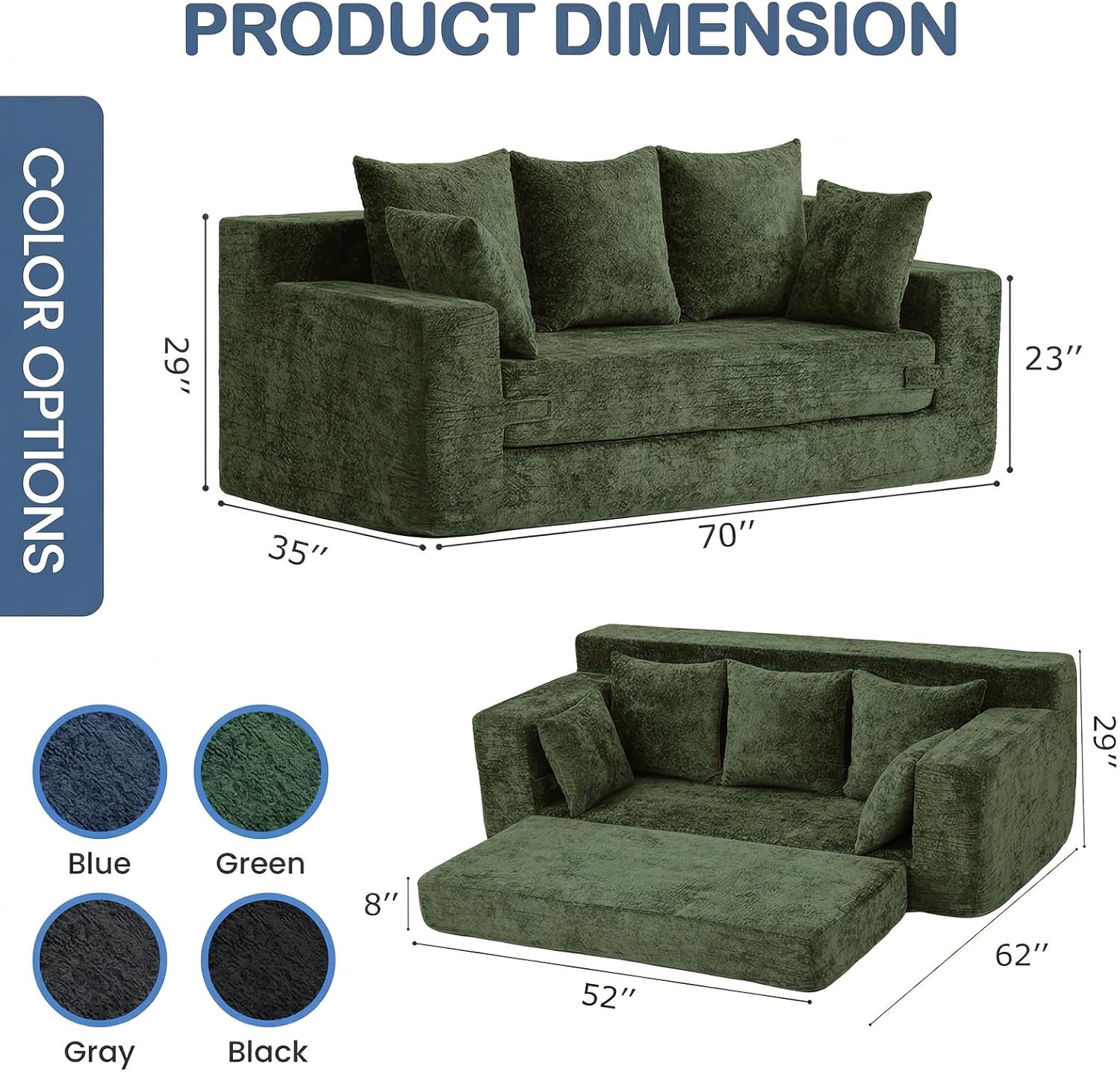 Boneless Couches 70, 3 Seater Boneless Couch with Pull Out Sofa Bed, Boneless Couch Bed with 5 Pillows Green, Plush Velvet Sofa for Living Room & Bedroom
